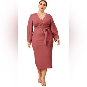 Verdusa Women’s plus Bishop Sleeve Plunging VNeck Belted Bodycon Dress